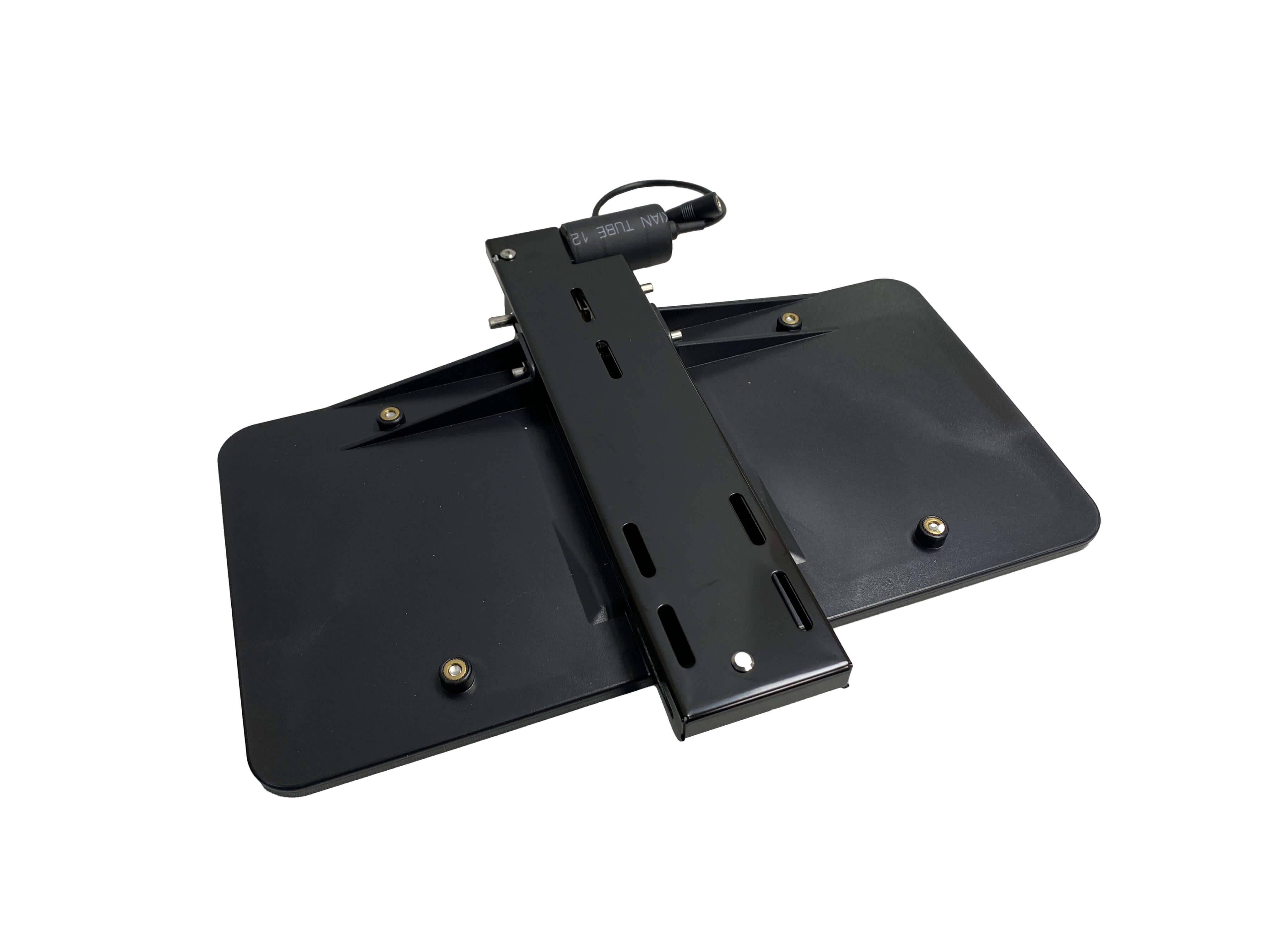 Black powered retracting-mount hardware photographed on a white background