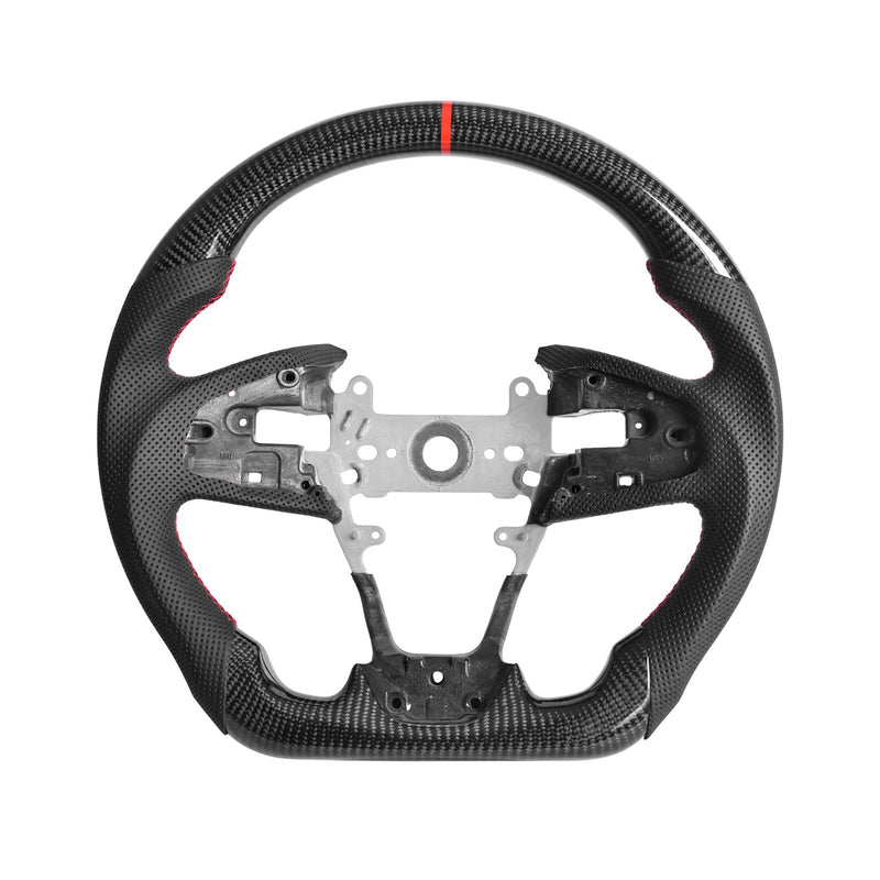 Carbon-pattern steering wheel for the Honda Civic with black perforated grips and a red top marker