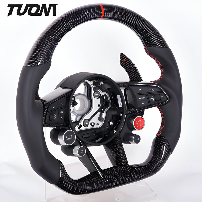 Carbon-pattern steering wheel for the Audi R8 with a red top marker and paddles